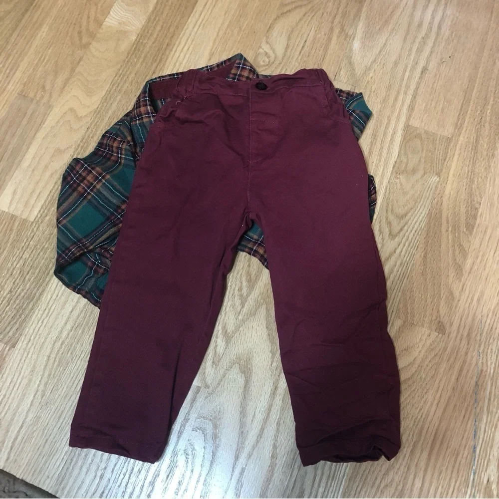 3T Plaid Christmas Outfit Boys Green Red Button Down Shirt Pants